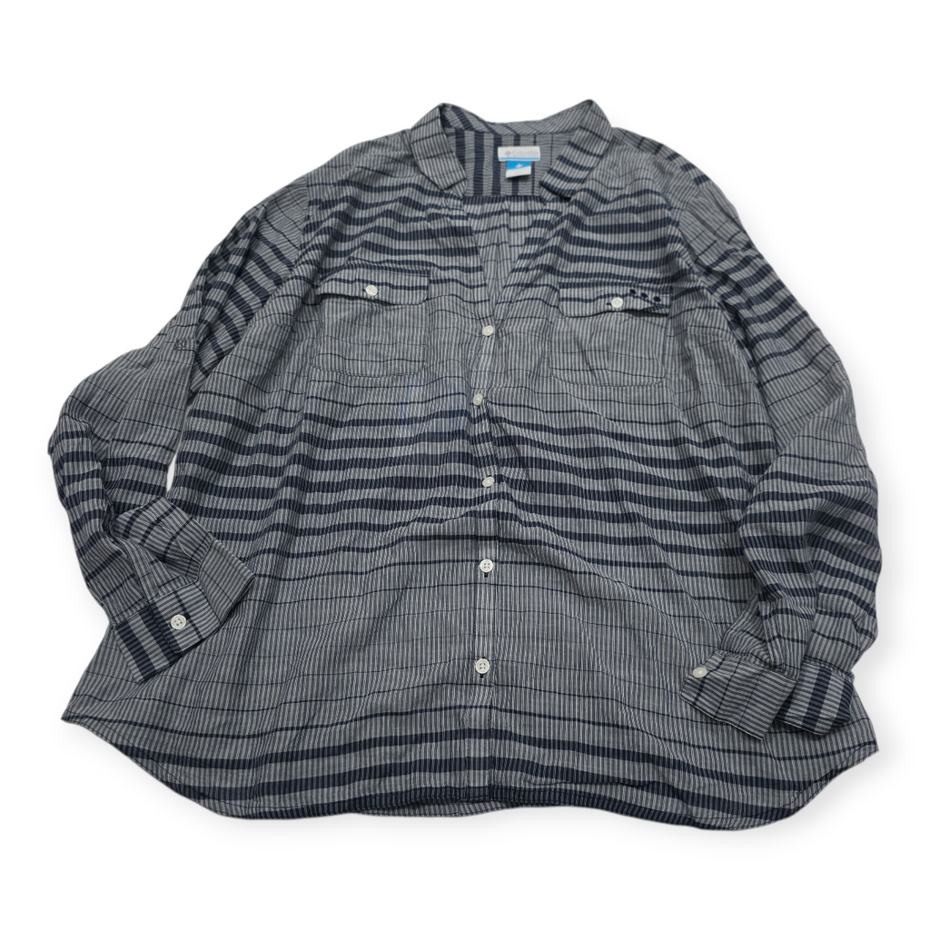 Camisa Columbia Pfg De Mujer 2x Gris Con Azul Con Lineas