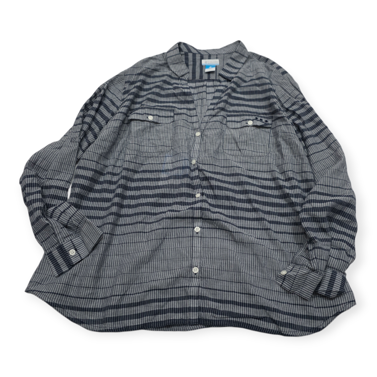 Camisa Columbia Pfg De Mujer 2x Gris Con Azul Con Lineas