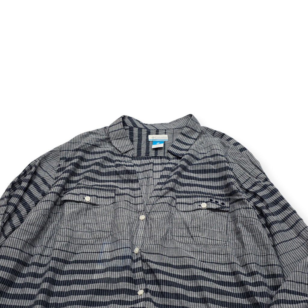 Camisa Columbia Pfg De Mujer 2x Gris Con Azul Con Lineas