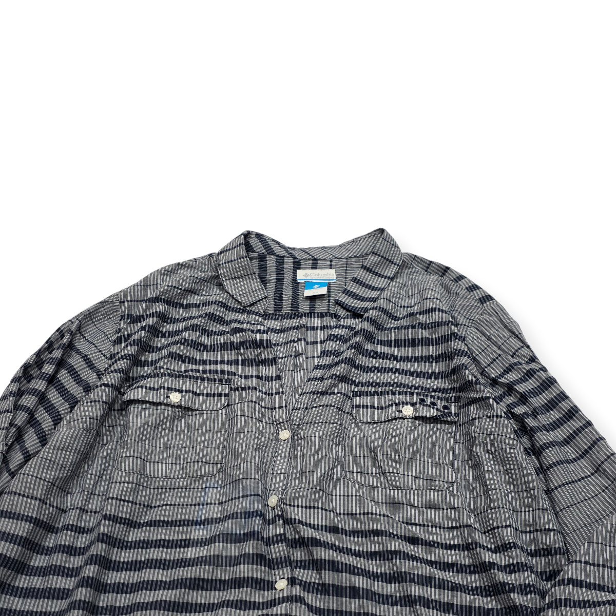 Camisa Columbia Pfg De Mujer 2x Gris Con Azul Con Lineas