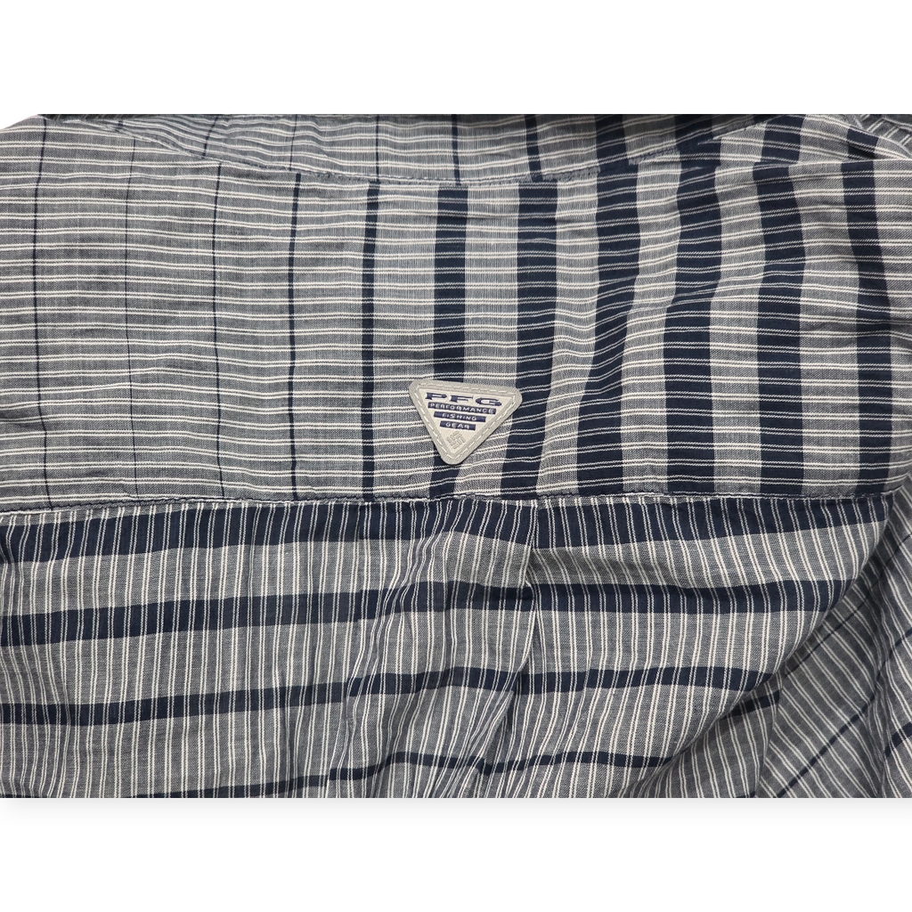 Camisa Columbia Pfg De Mujer 2x Gris Con Azul Con Lineas