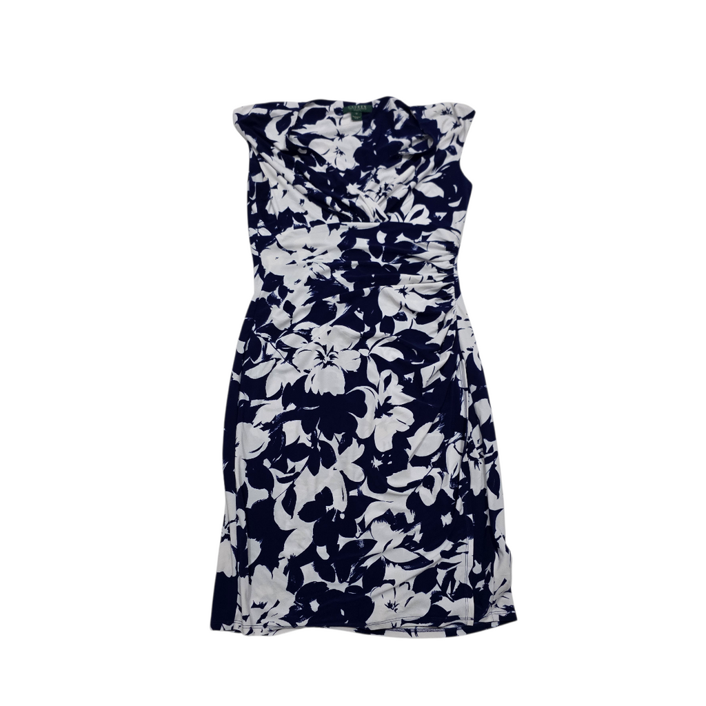 Vestido Ralph Lauren Drapeado Azul Con Flores Blanca Talla10