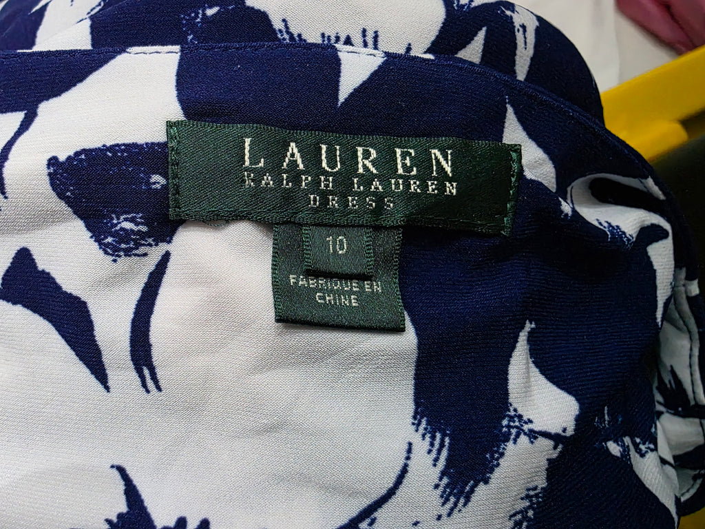 Vestido Ralph Lauren Drapeado Azul Con Flores Blanca Talla10