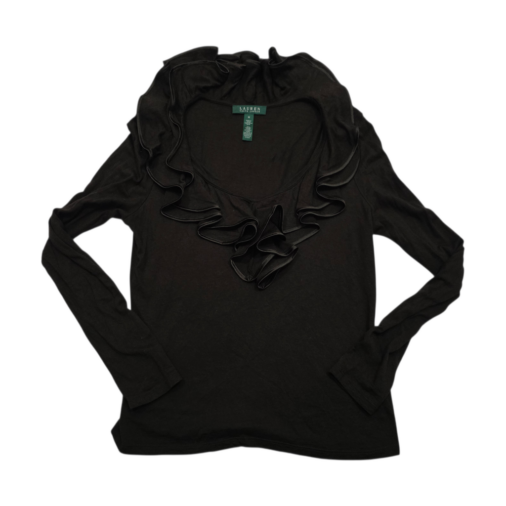 Blusa Ralph Lauren de Mujer color cafe cuello v con olanes
