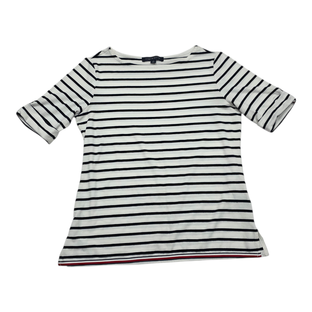 Playera Tommy Hilfiger de Mujer talla Chica blanca con lineas manga corta