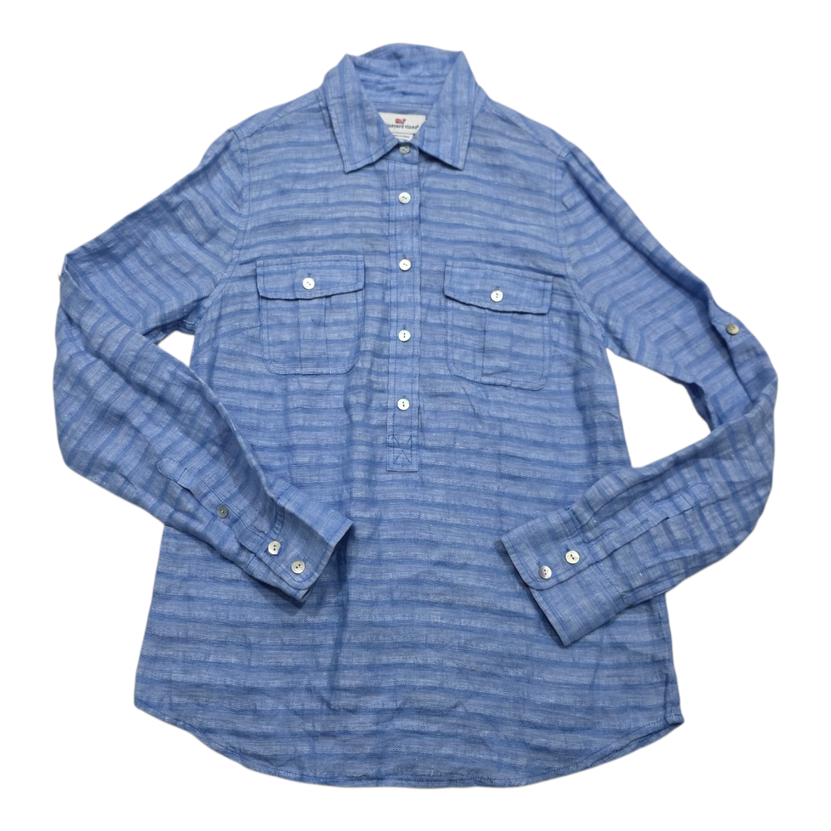 Blusa De Lino Vineyard Vines Talla 0 Azul Acero Con Lineas