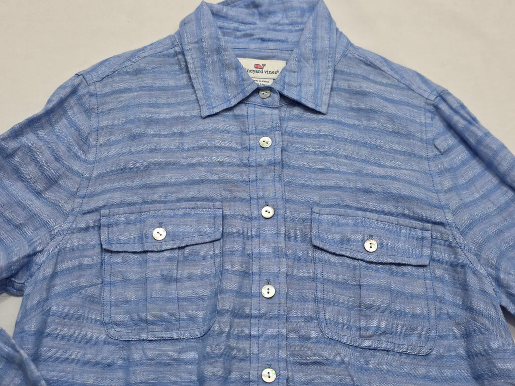 Blusa De Lino Vineyard Vines Talla 0 Azul Acero Con Lineas