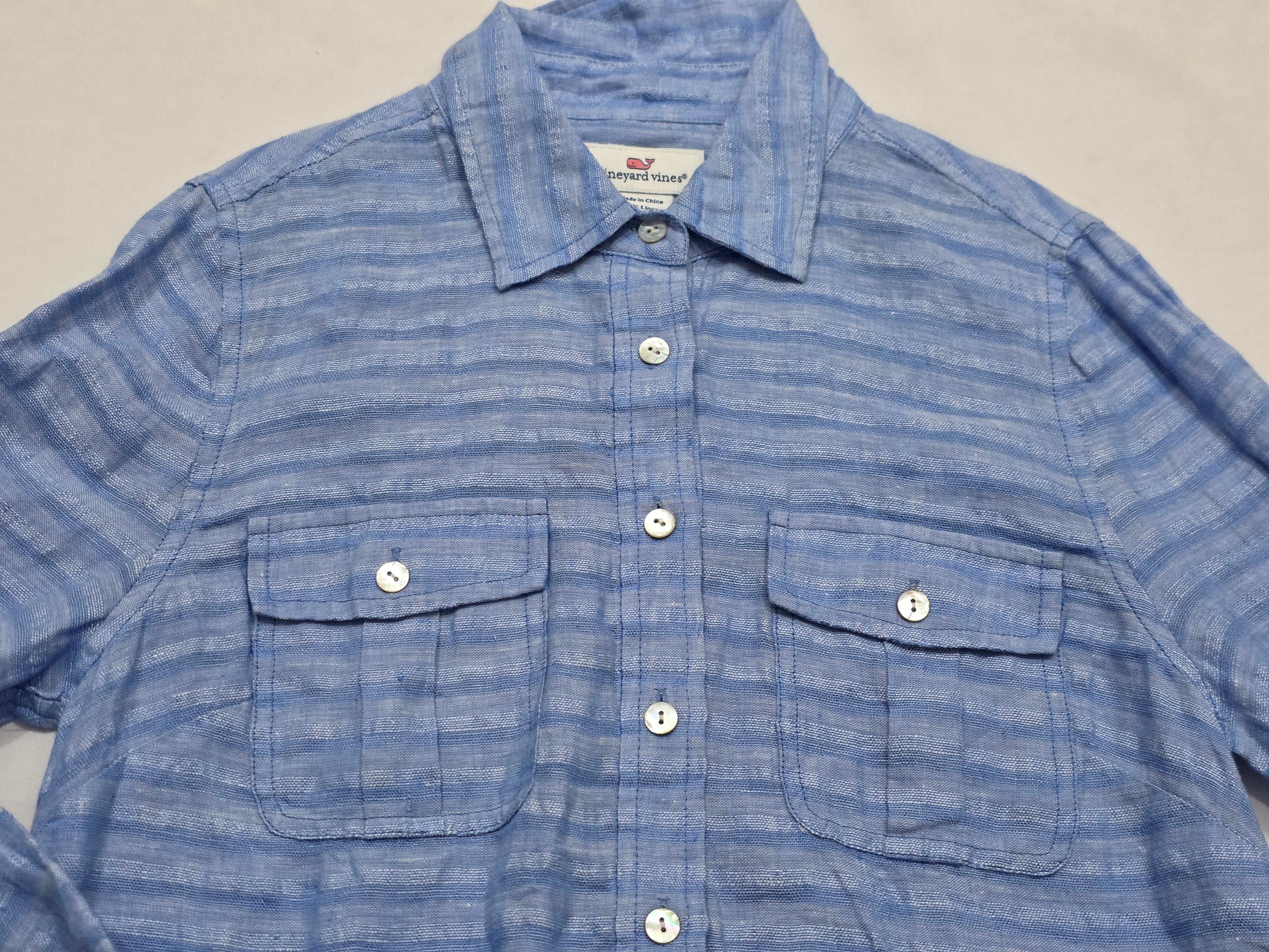 Blusa De Lino Vineyard Vines Talla 0 Azul Acero Con Lineas