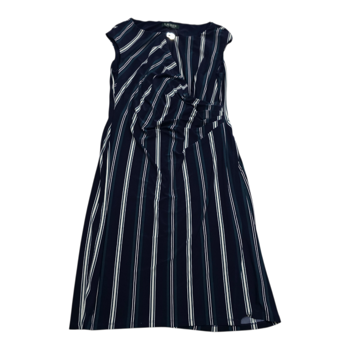 Vestido Drapeado Ralph Lauren Azul Con Lineas Talla 10
