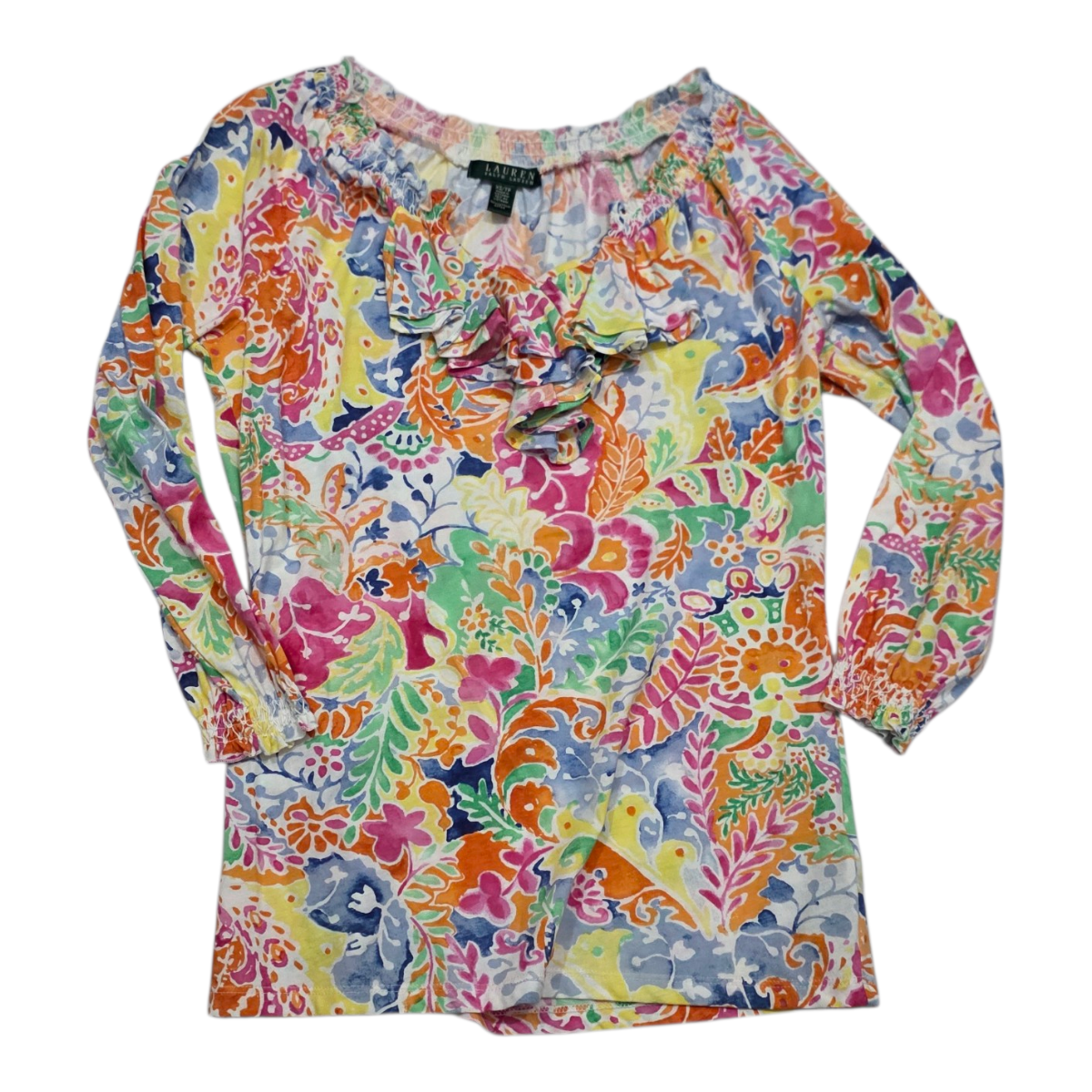 Blusa Multicolor Ralph Lauren Con Olanes Mujer Extra Chica