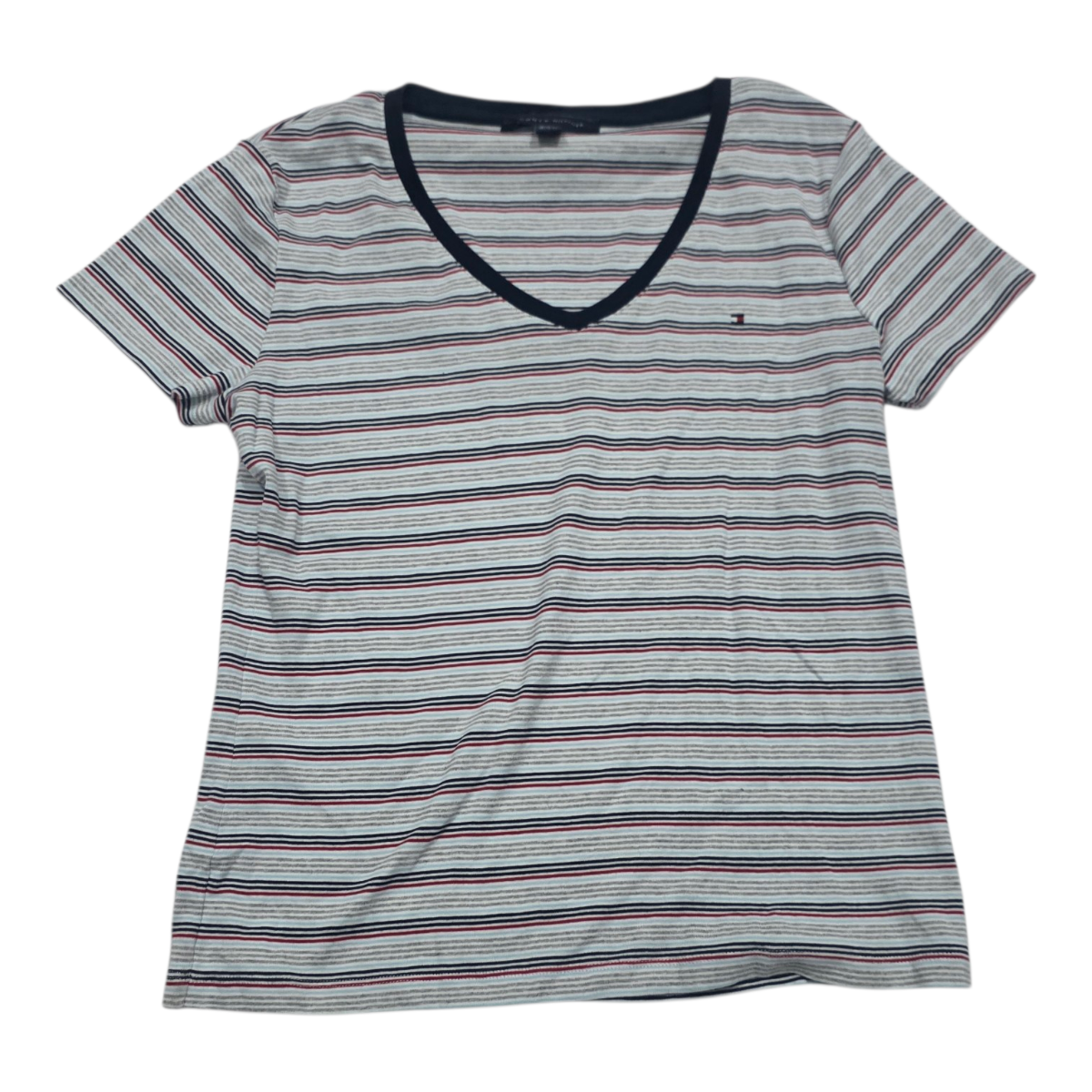 Playera Tommy Hilfiger Azul Ineas Grises Manga Corta Grande
