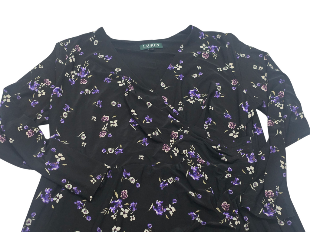 Vestido Ralph Lauren Mujer Talla 14w Negro Flores Moradas