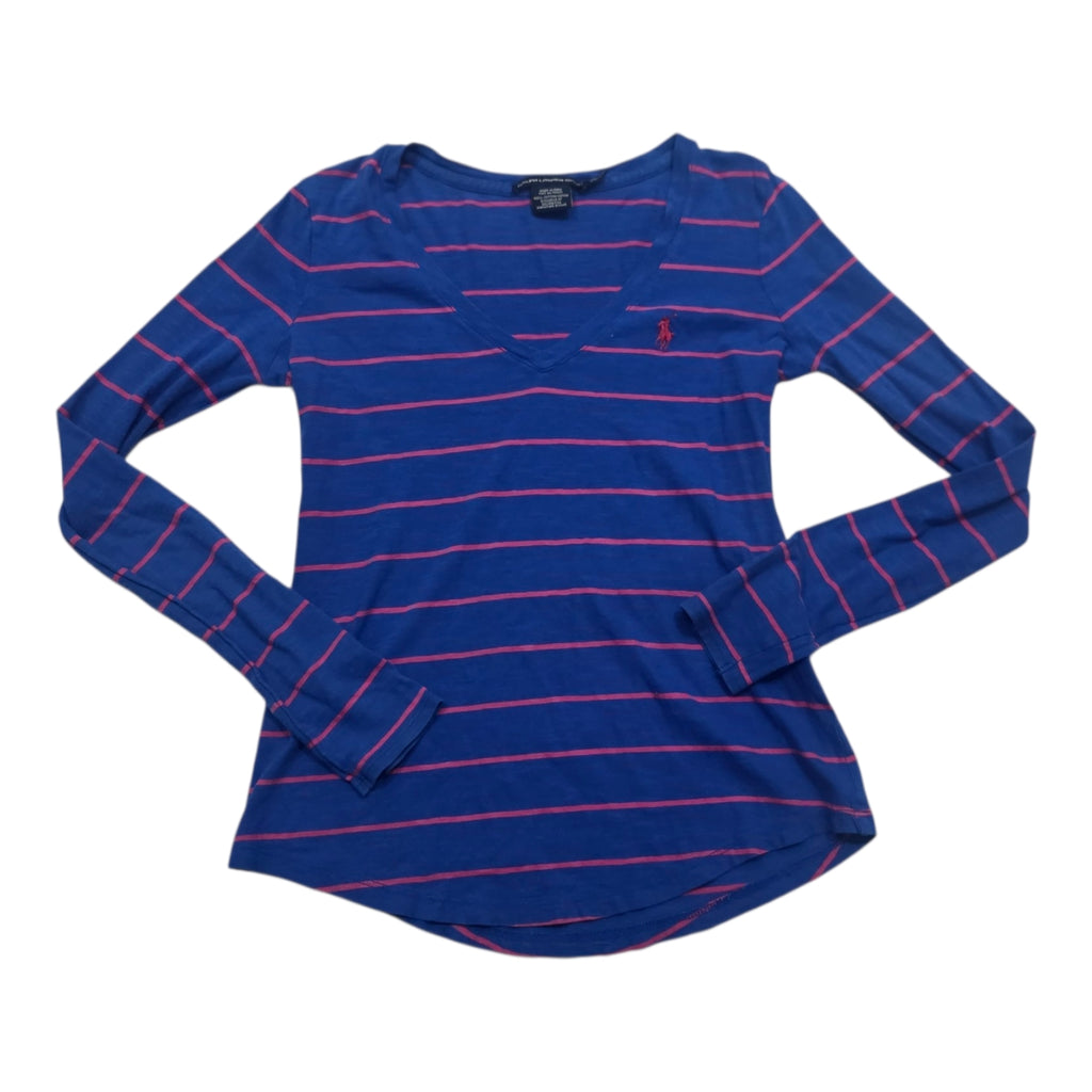 Playera Ralph Lauren Sport Azul Con Lineas Rosas Extra Chica