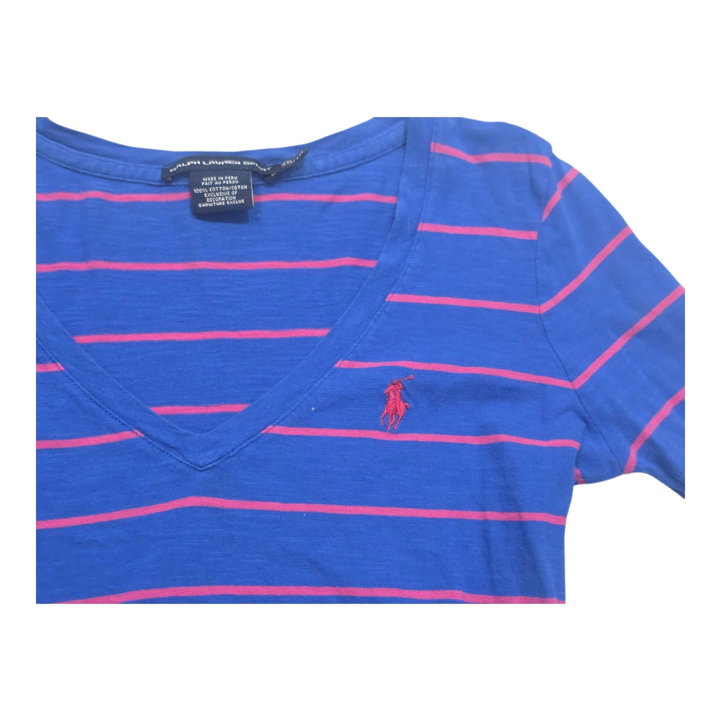 Playera Ralph Lauren Sport Azul Con Lineas Rosas Extra Chica