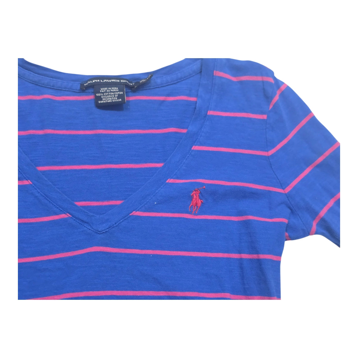 Playera Ralph Lauren Sport Azul Con Lineas Rosas Extra Chica