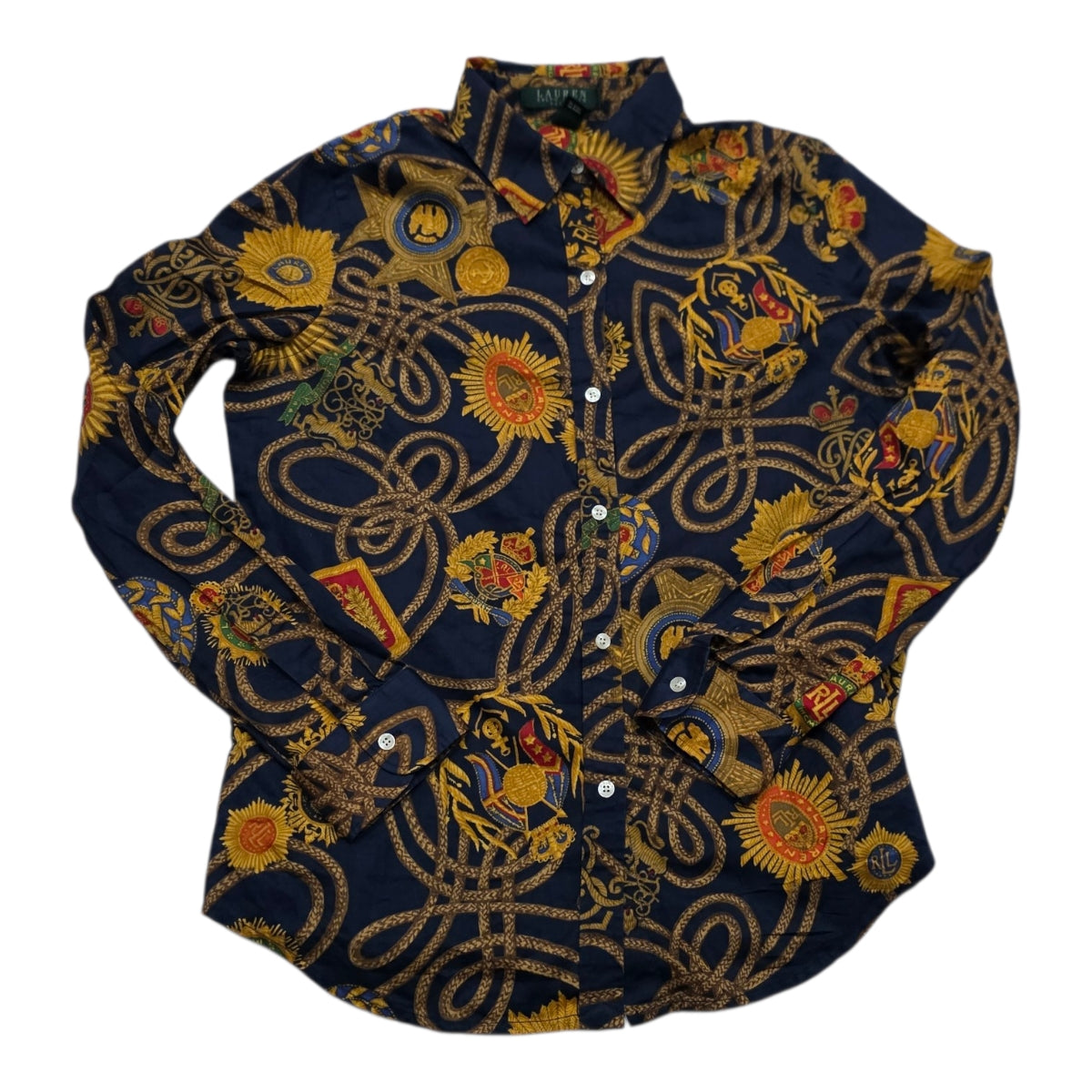 Camisa Ralph Lauren Mujer Mediana Petite Azul Con Dorado