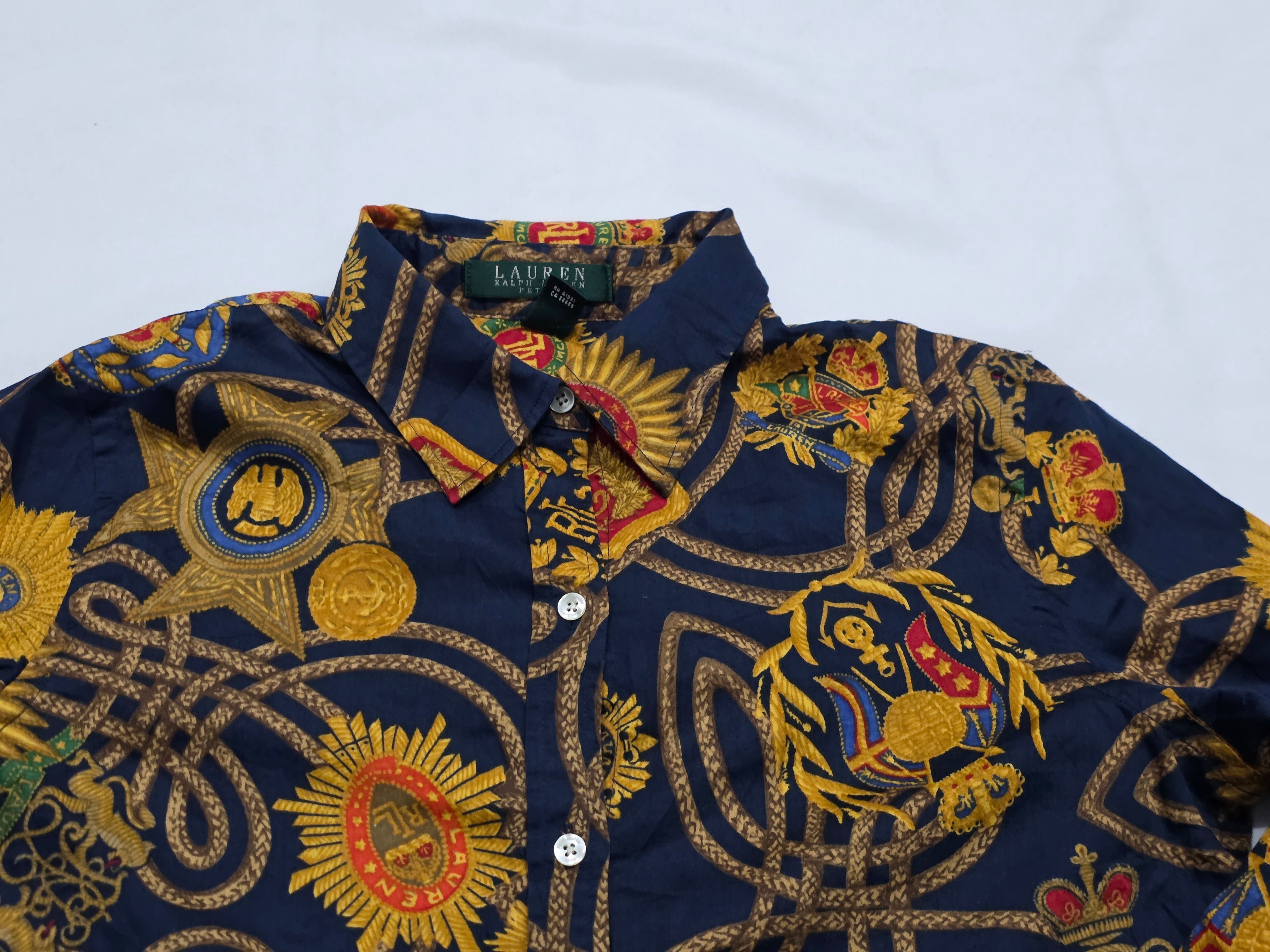 Camisa Ralph Lauren Mujer Mediana Petite Azul Con Dorado