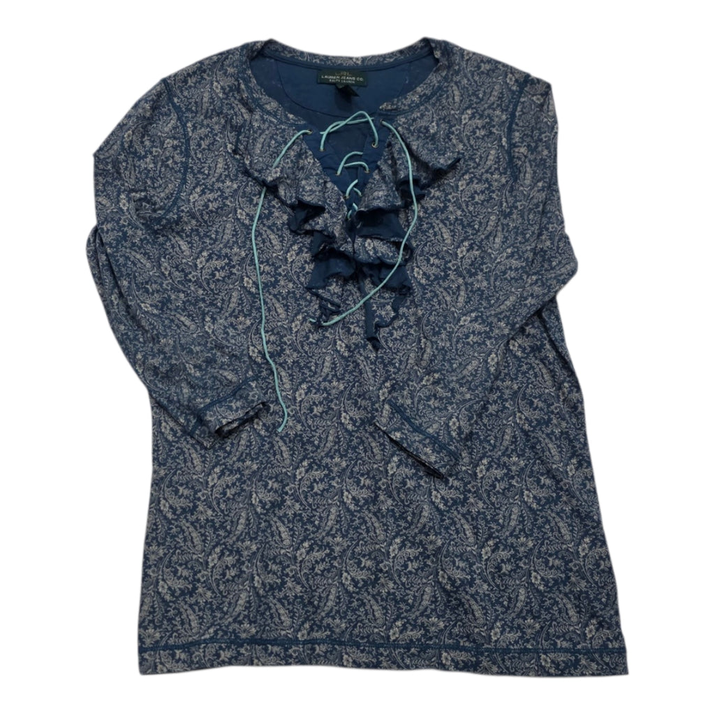 Blusa Ralph Lauren Con Olanes Azul/cafe Chica Manga 3/4
