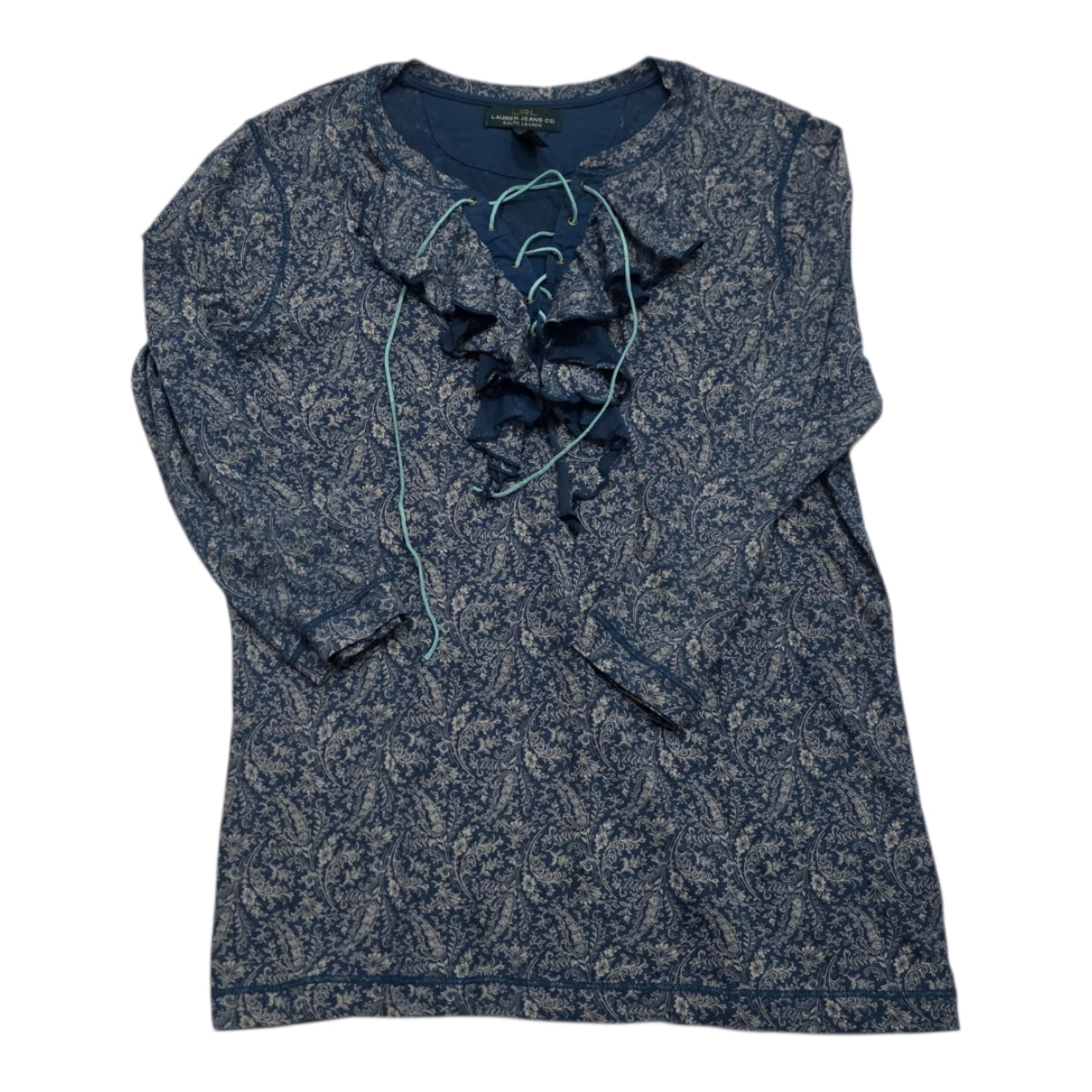 Blusa Ralph Lauren Con Olanes Azul/cafe Chica Manga 3/4