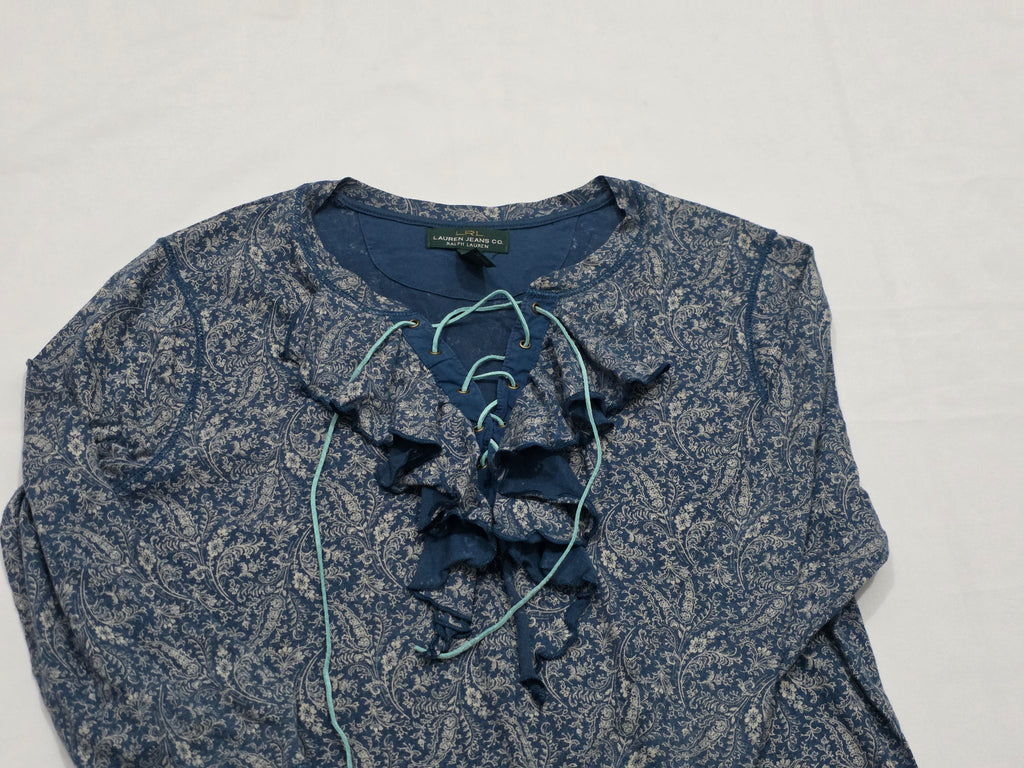 Blusa Ralph Lauren Con Olanes Azul/cafe Chica Manga 3/4