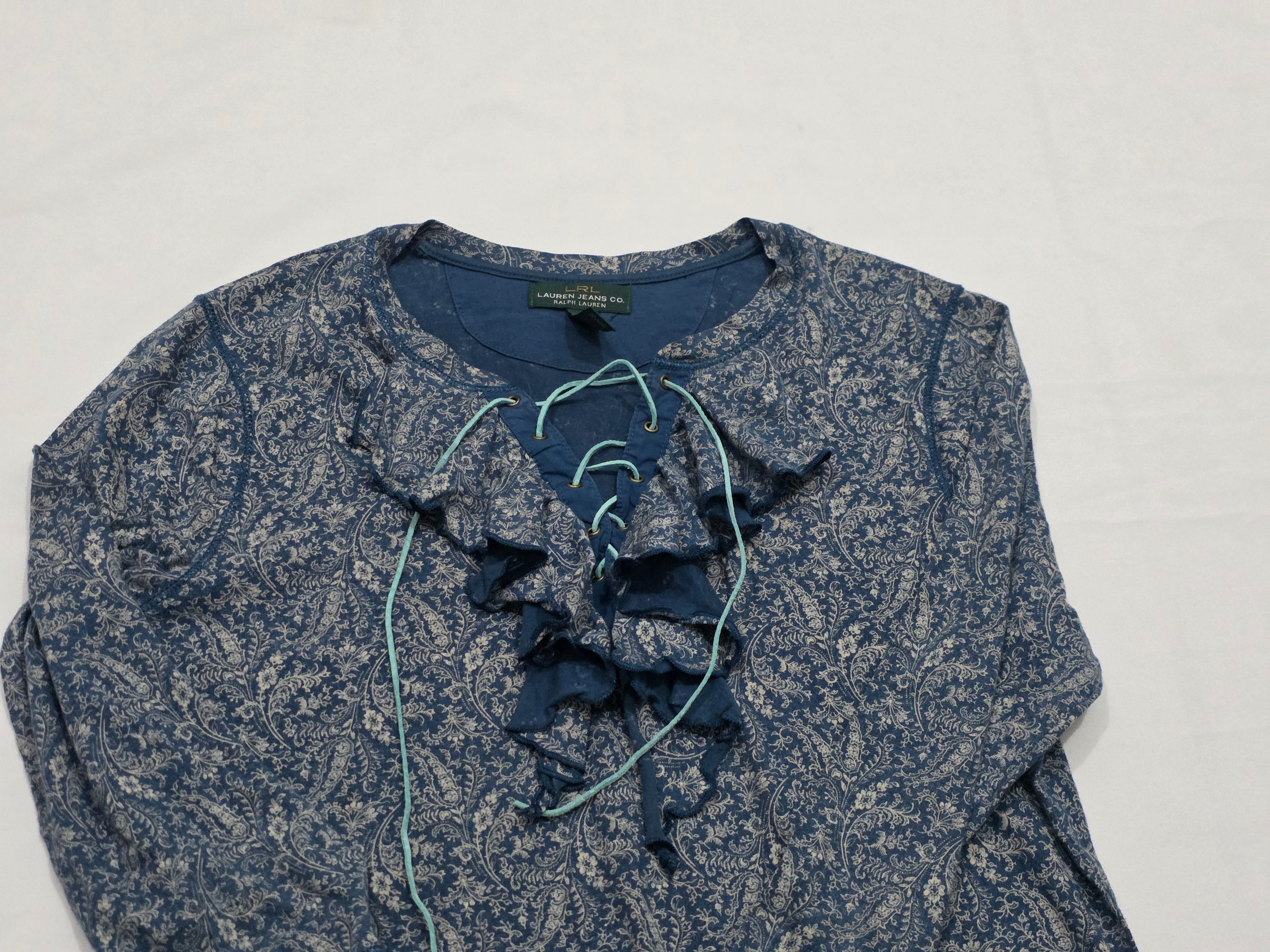 Blusa Ralph Lauren Con Olanes Azul/cafe Chica Manga 3/4