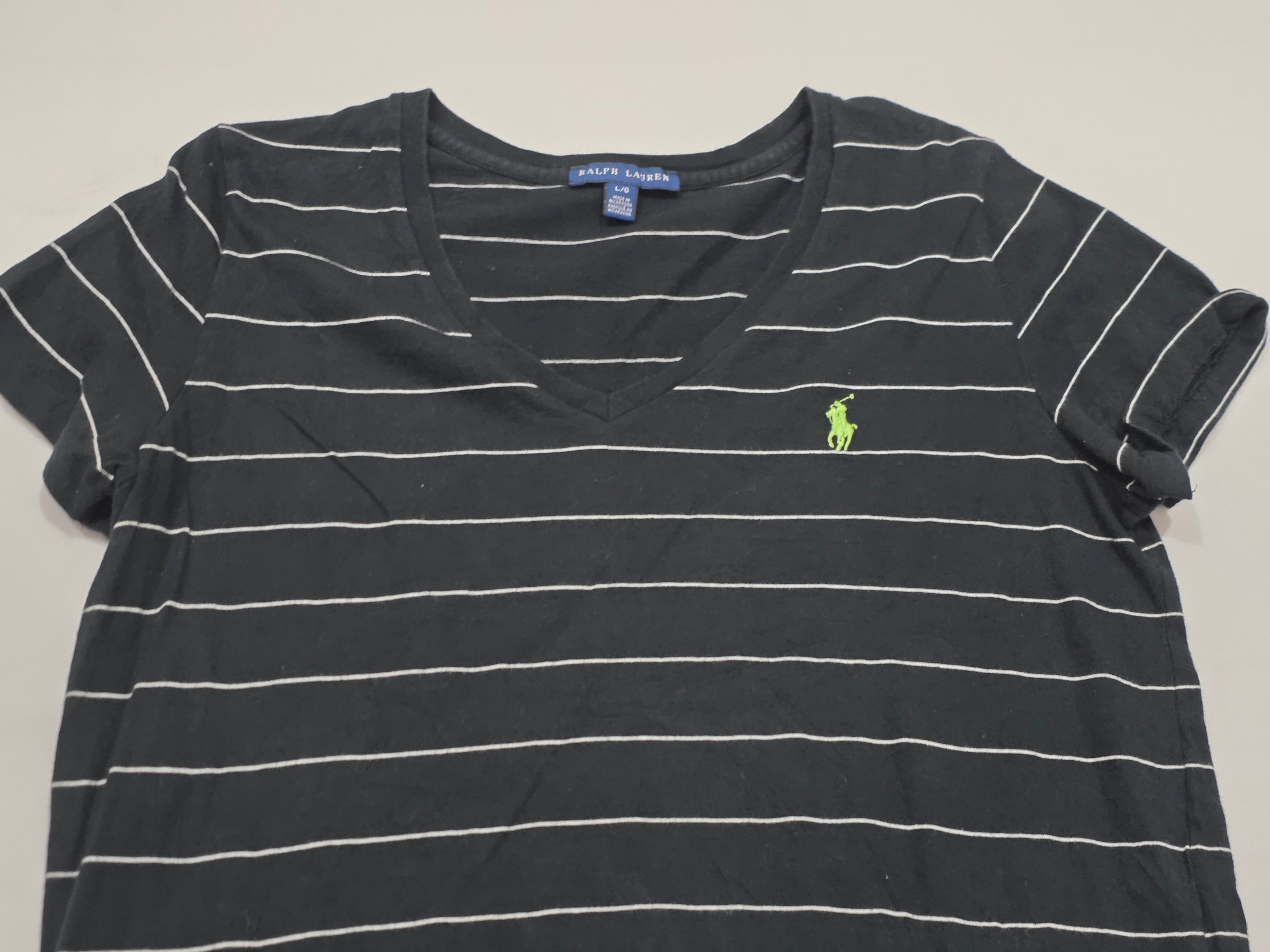 Playera Ralph Lauren Mujer Grande Negra Lineas Poni Verde