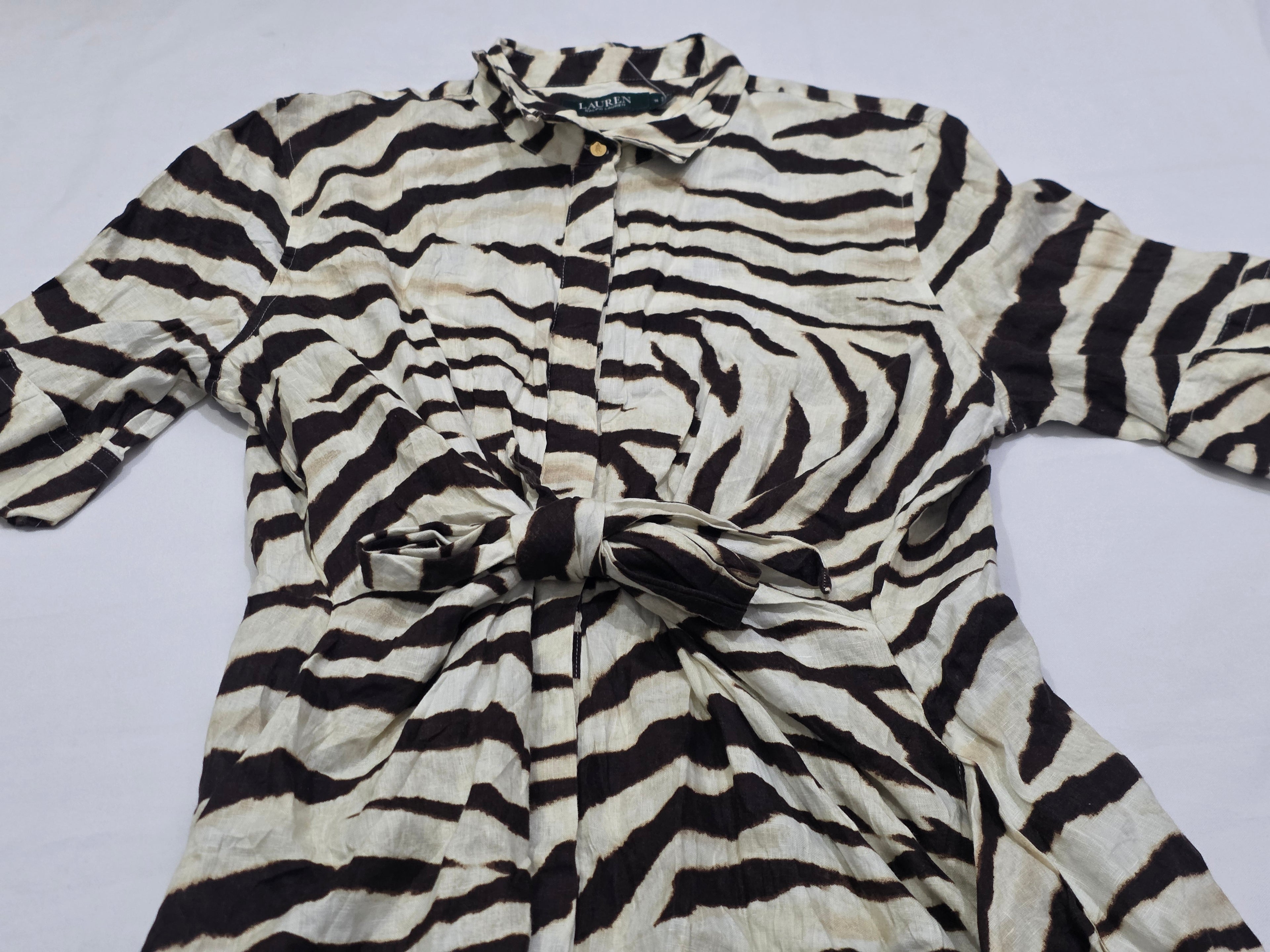 Vestido Camisero Ralph Lauren 14 Lino Animalprint Cafecrema