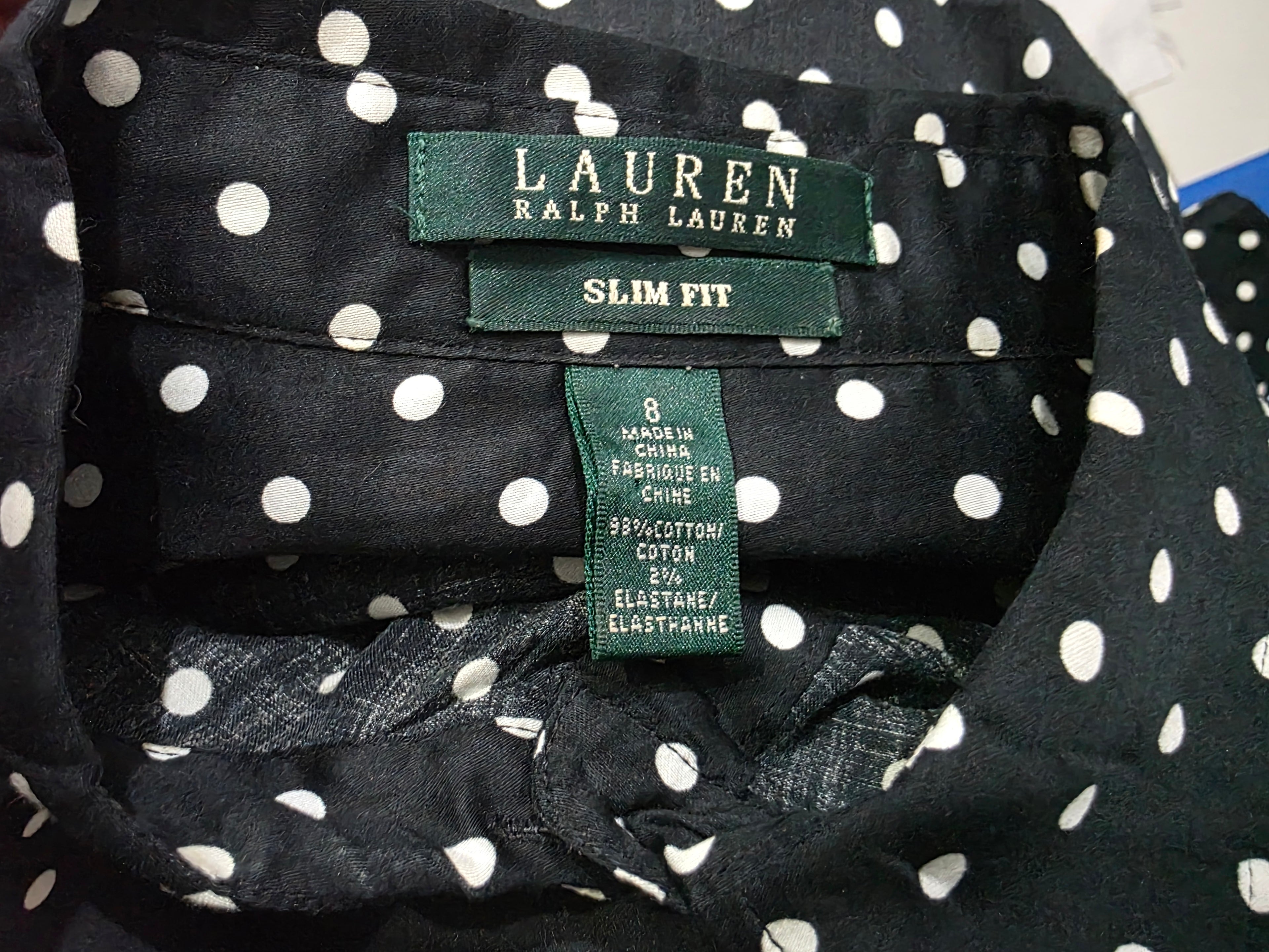 Camisa Ralph Lauren Mujer Talla 8 Slim Fit Negro De Lunares