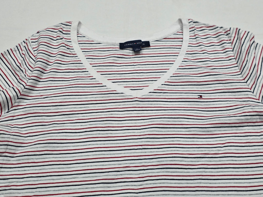 Playera Tommy Hilfiger De Mujer Talla 1x Gris/rojo Rayasda (
