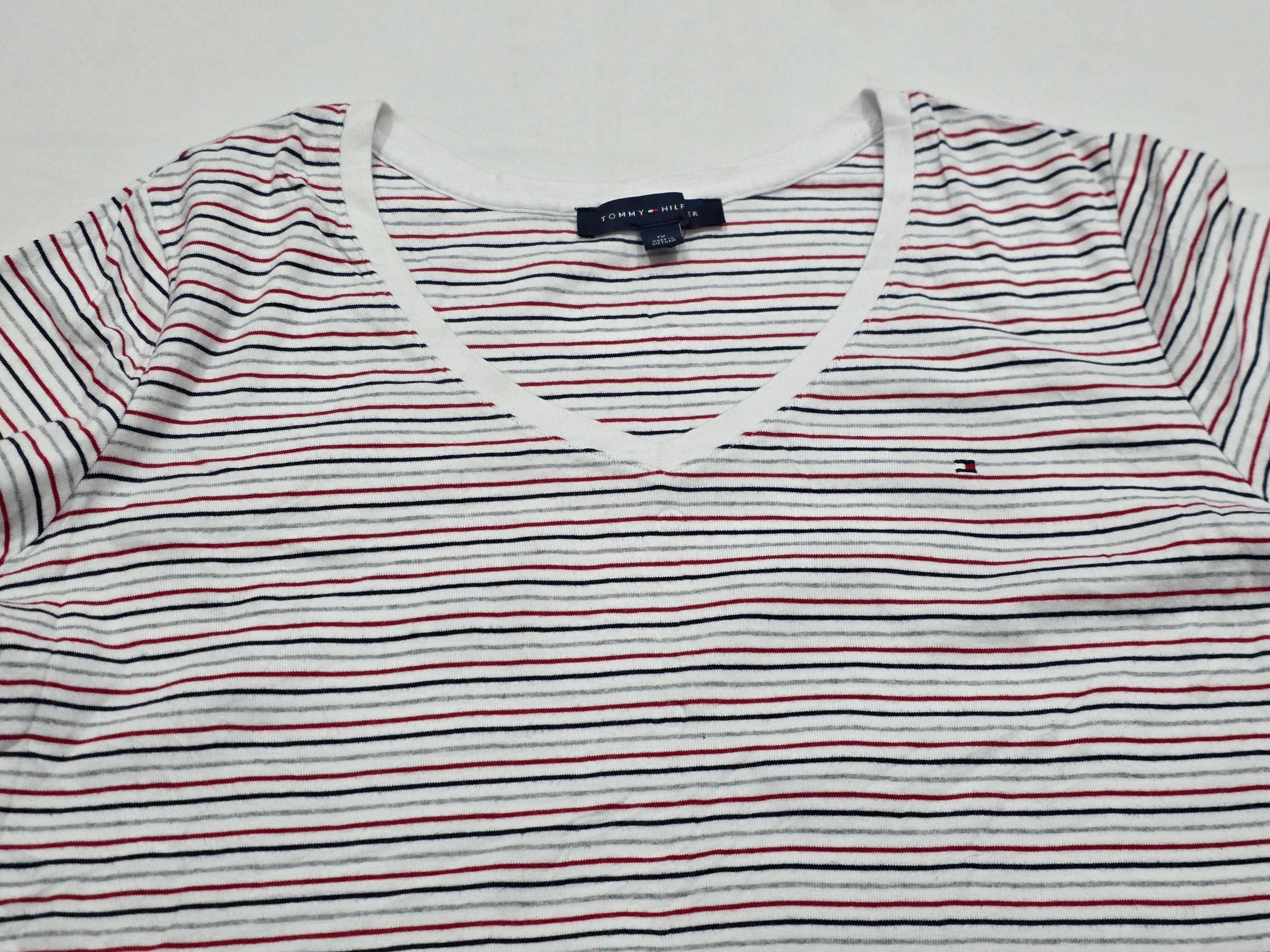 Playera Tommy Hilfiger De Mujer Talla 1x Gris/rojo Rayasda (