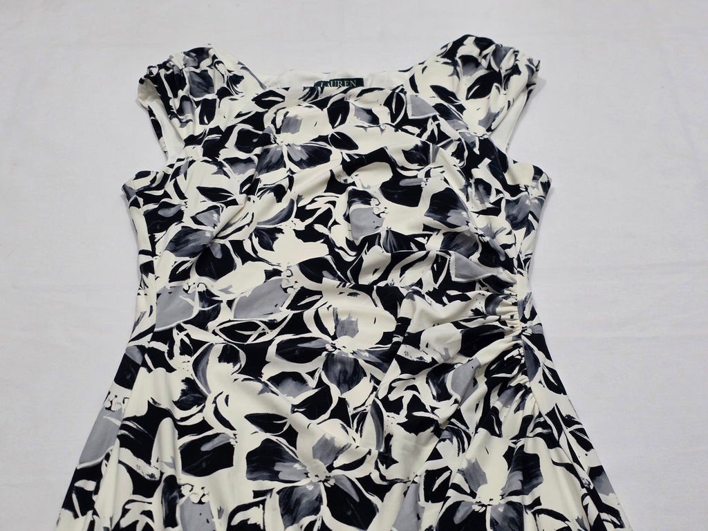Vestido Ralph Lauren Gris/blanco Flores Talla 6 Manga Corta