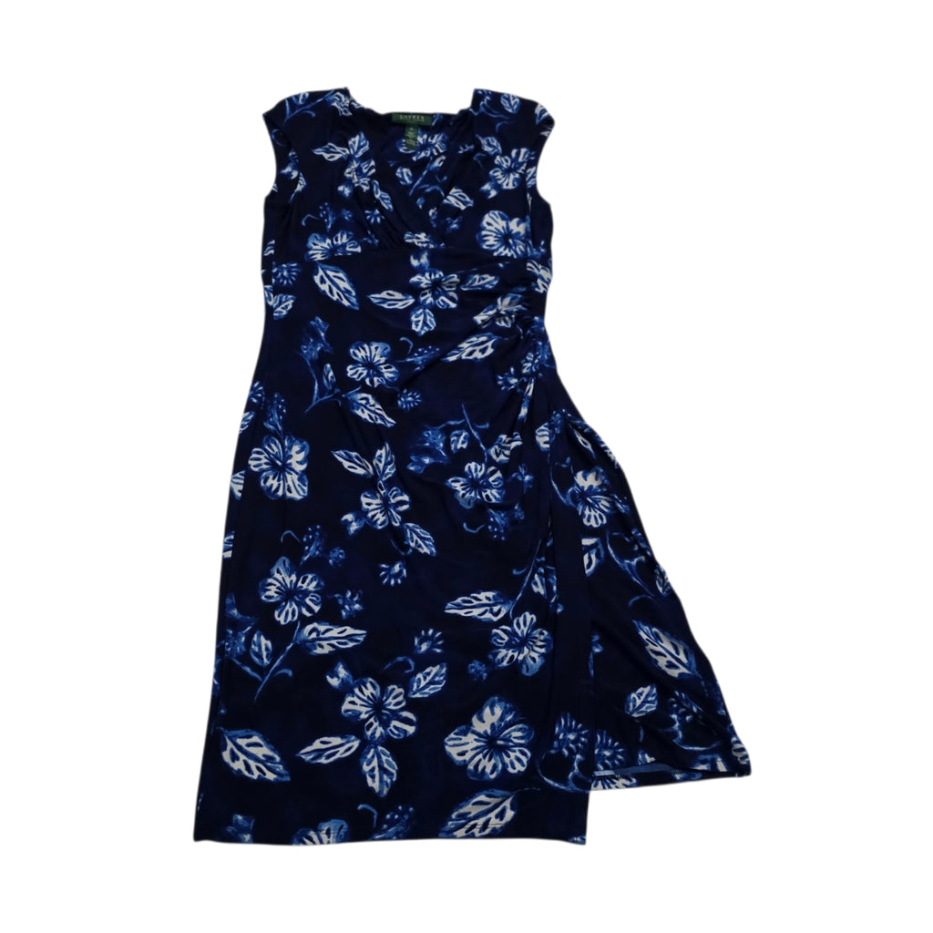 Vestido Ralph Lauren Mujer 12 Azul Con Flores Sin Manga