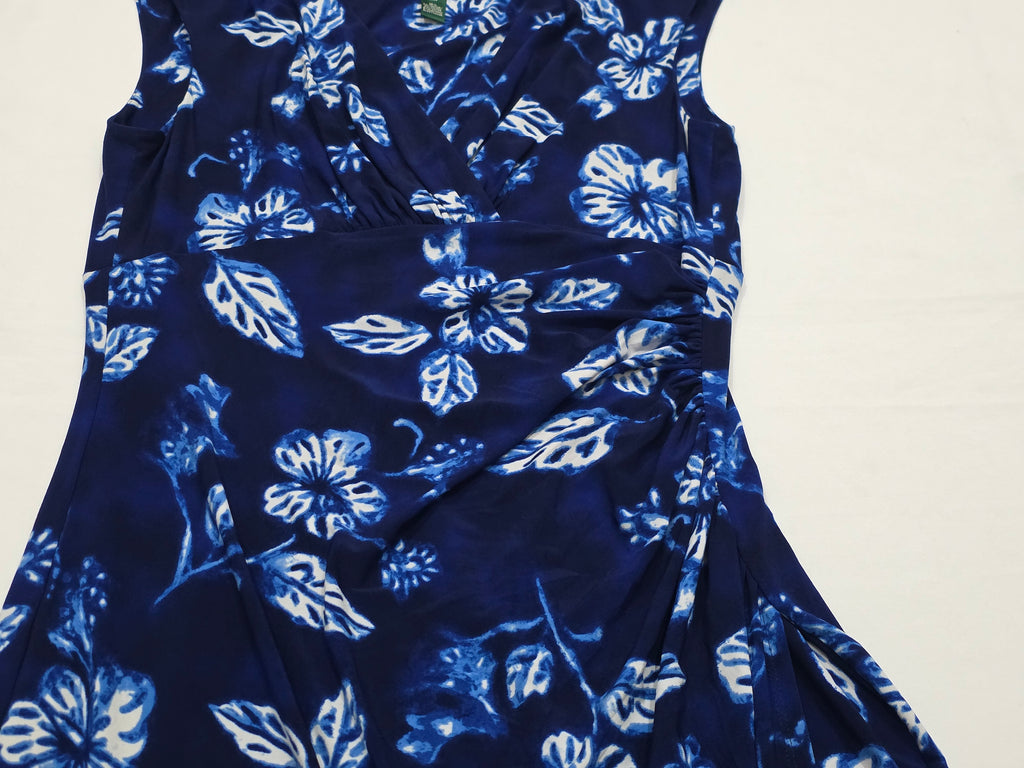 Vestido Ralph Lauren Mujer 12 Azul Con Flores Sin Manga