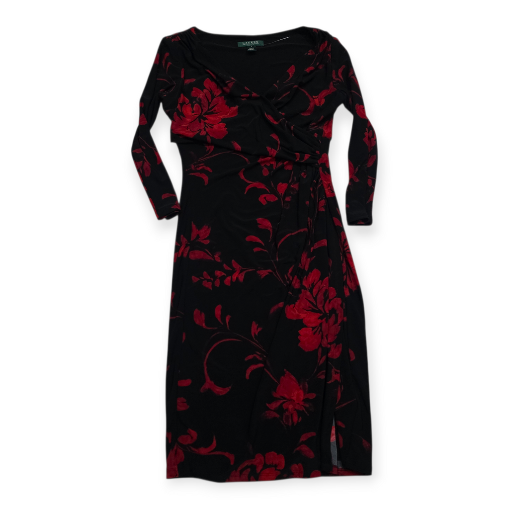 Vestido Ralph Lauren Talla 4 Negro Manga Larga Flores Rojas