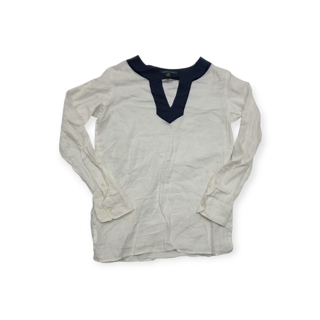Blusa Ralph Lauren De Lino Blanca Con Azul Xchico Xs